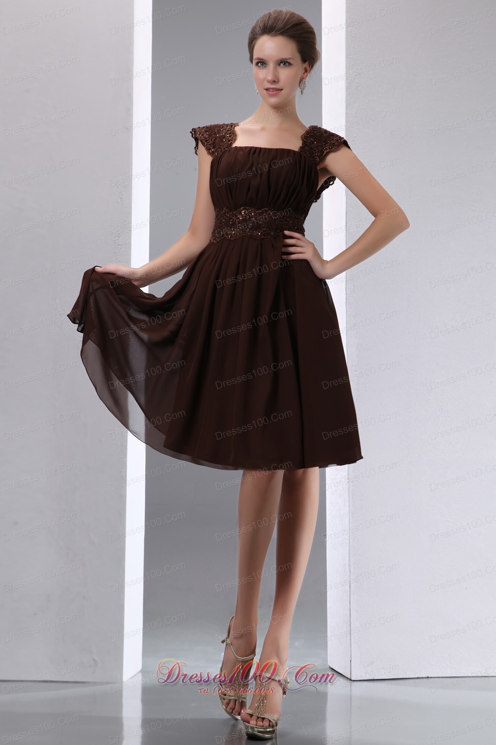 Saddle Brown Square Mother Of The Bride Dress Knee-length