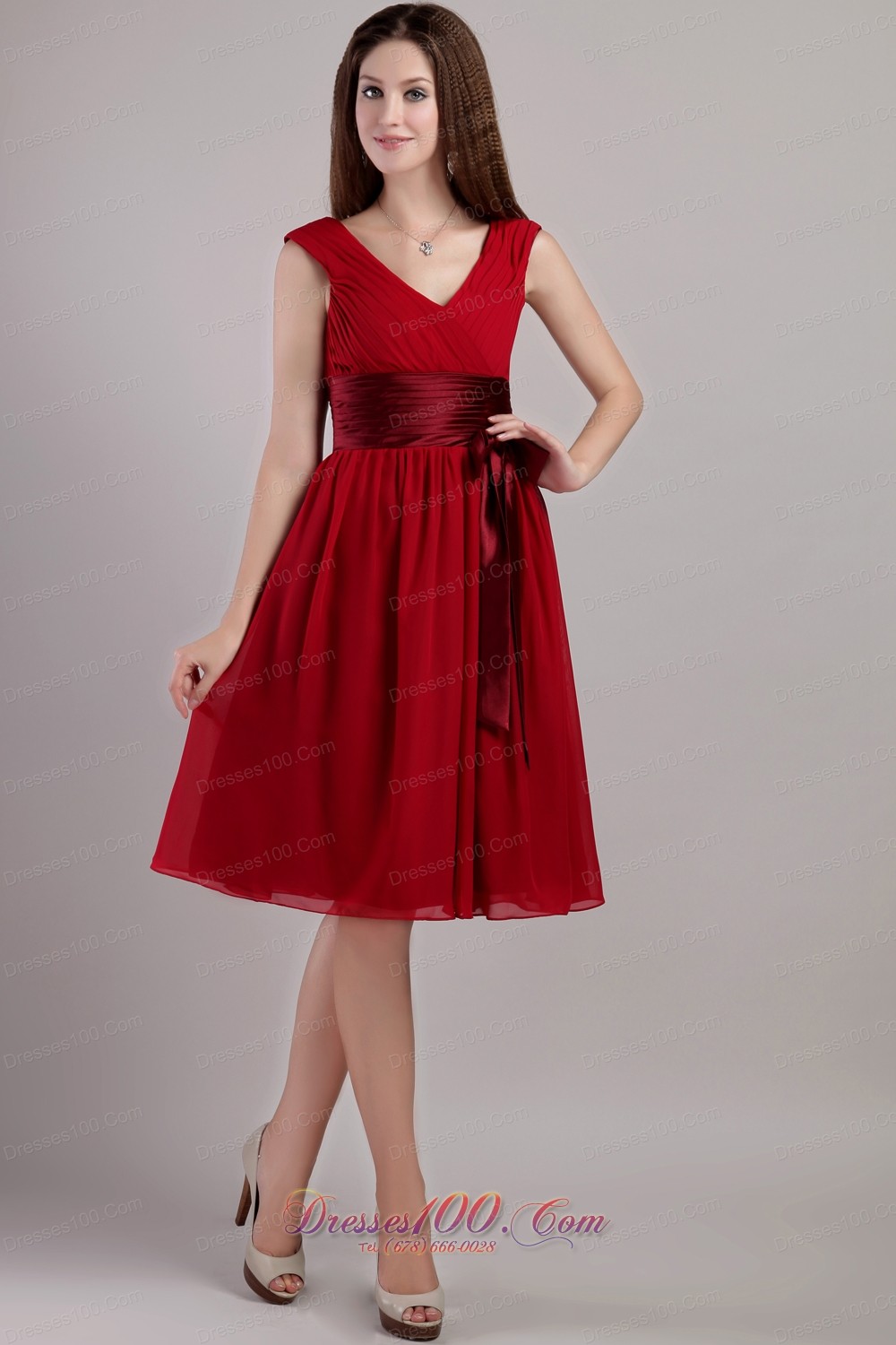 Wine Red Empire Sash Bridesmaid Dress V-neck Knee-length