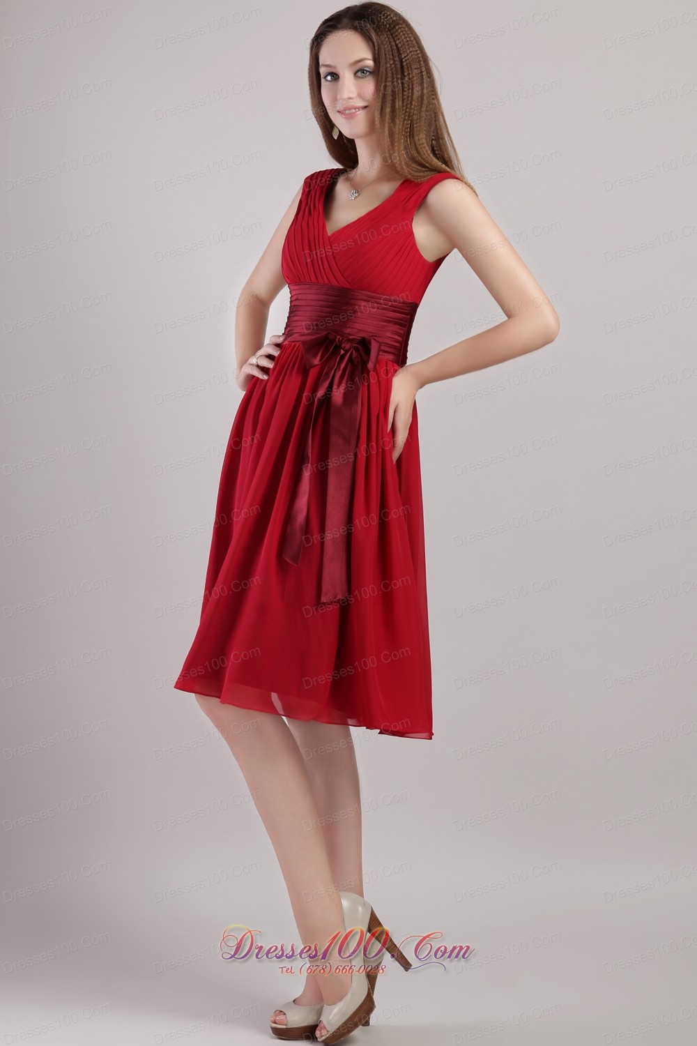 Wine Red Empire Sash Bridesmaid Dress V-neck Knee-length
