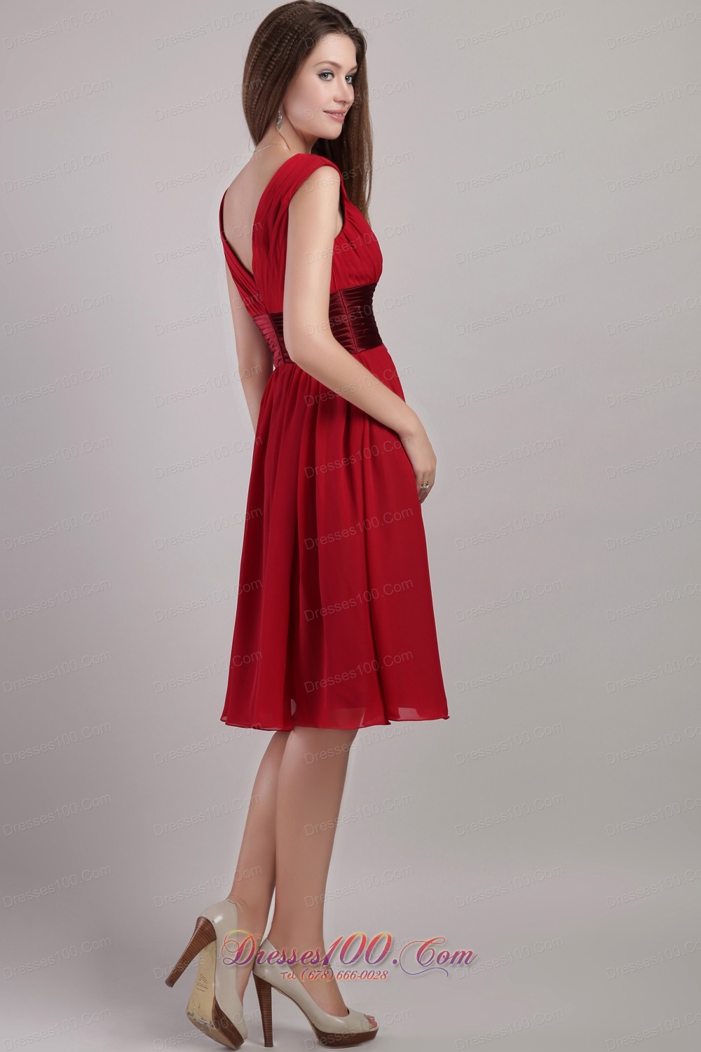 Wine Red Empire Sash Bridesmaid Dress V-neck Knee-length