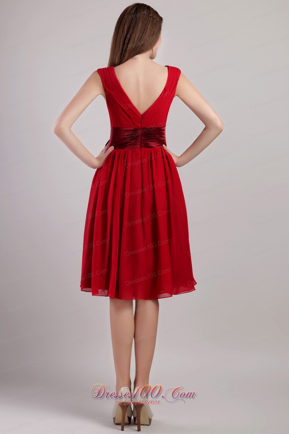 Wine Red Empire Sash Bridesmaid Dress V-neck Knee-length