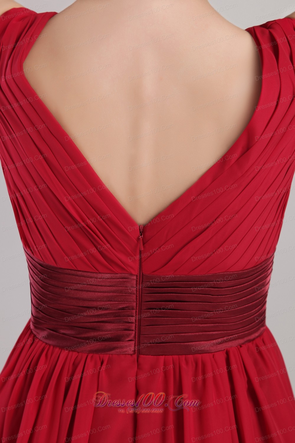 Wine Red Empire Sash Bridesmaid Dress V-neck Knee-length