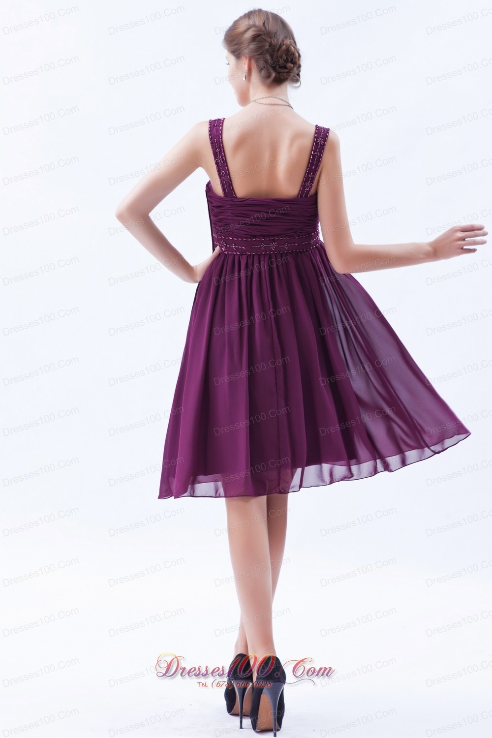 Grape Purple Empire Straps Prom Dress Knee-length Beaded