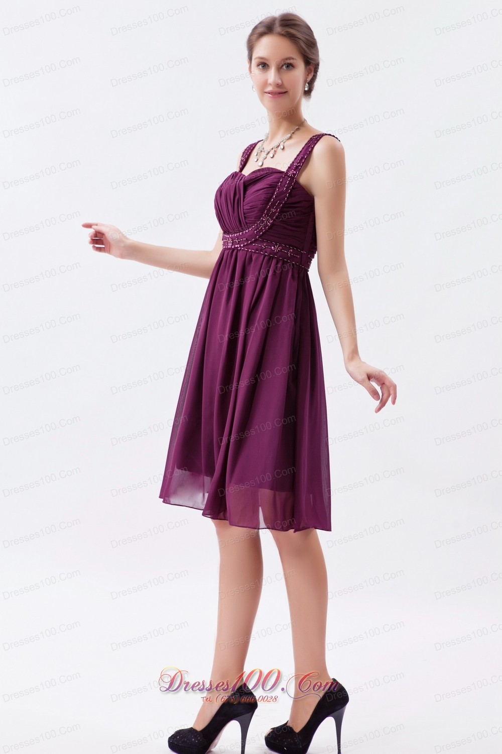 Grape Purple Empire Straps Prom Dress Knee-length Beaded