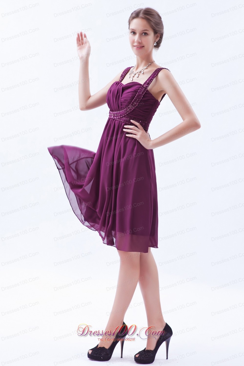 Grape Purple Empire Straps Prom Dress Knee-length Beaded