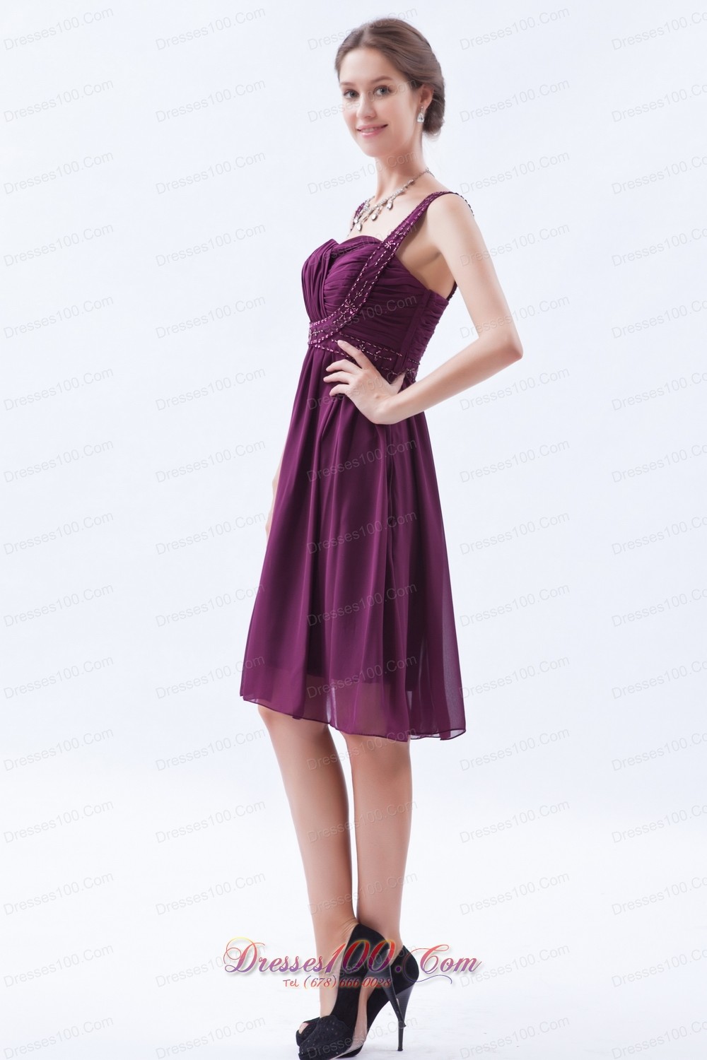 Grape Purple Empire Straps Prom Dress Knee-length Beaded