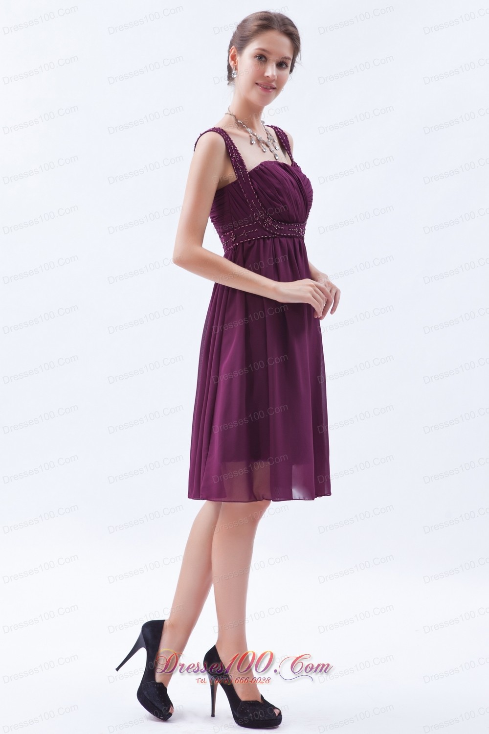 Grape Purple Empire Straps Prom Dress Knee-length Beaded