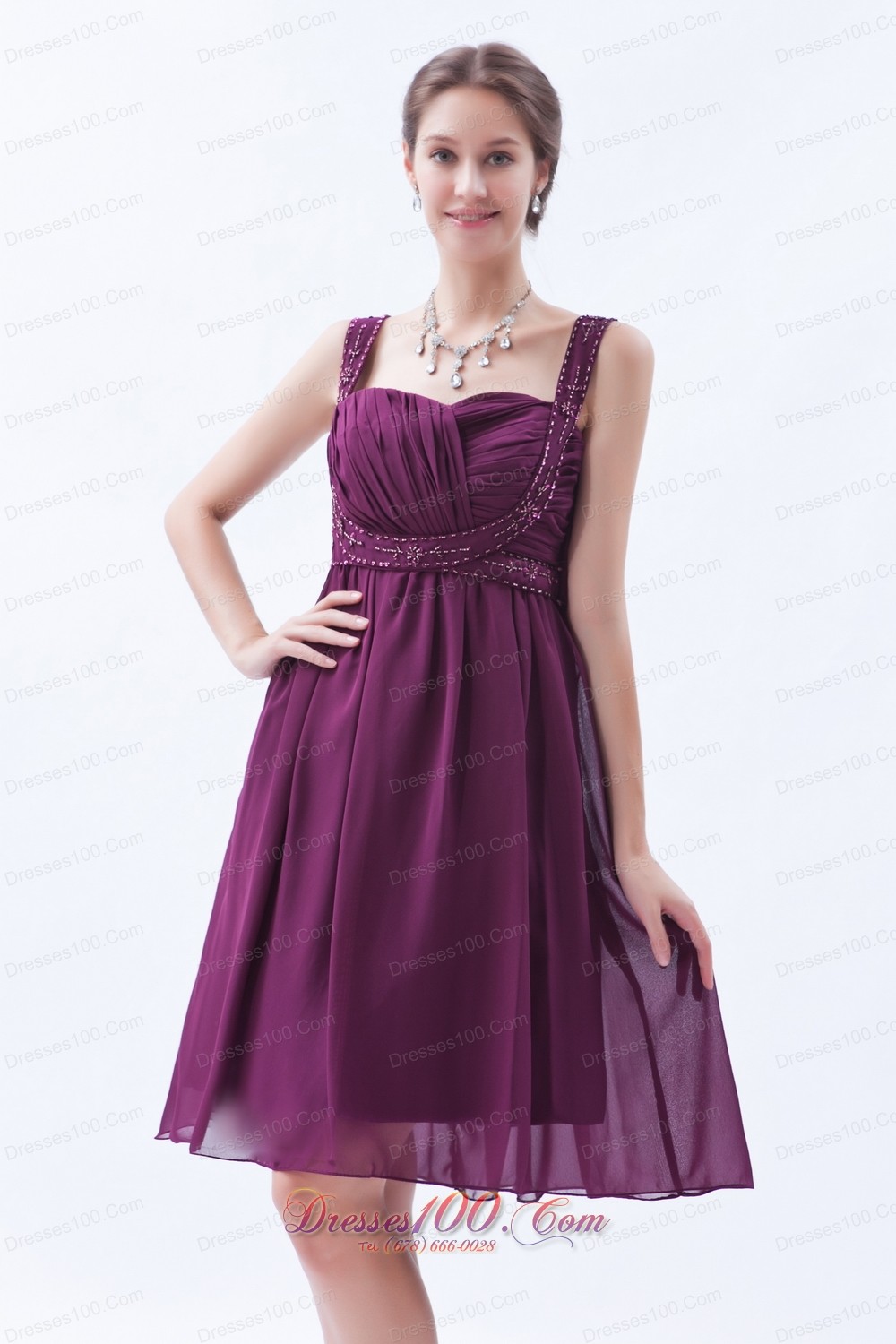 Grape Purple Empire Straps Prom Dress Knee-length Beaded