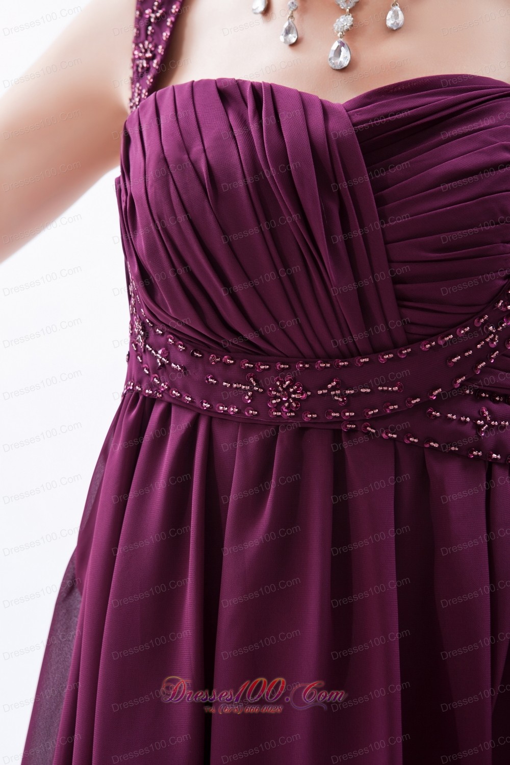 Grape Purple Empire Straps Prom Dress Knee-length Beaded