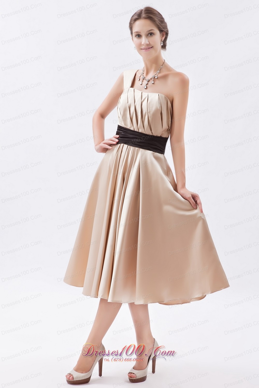 Champagne Princess Bridesmaid Dress One Shoulder Tea-length