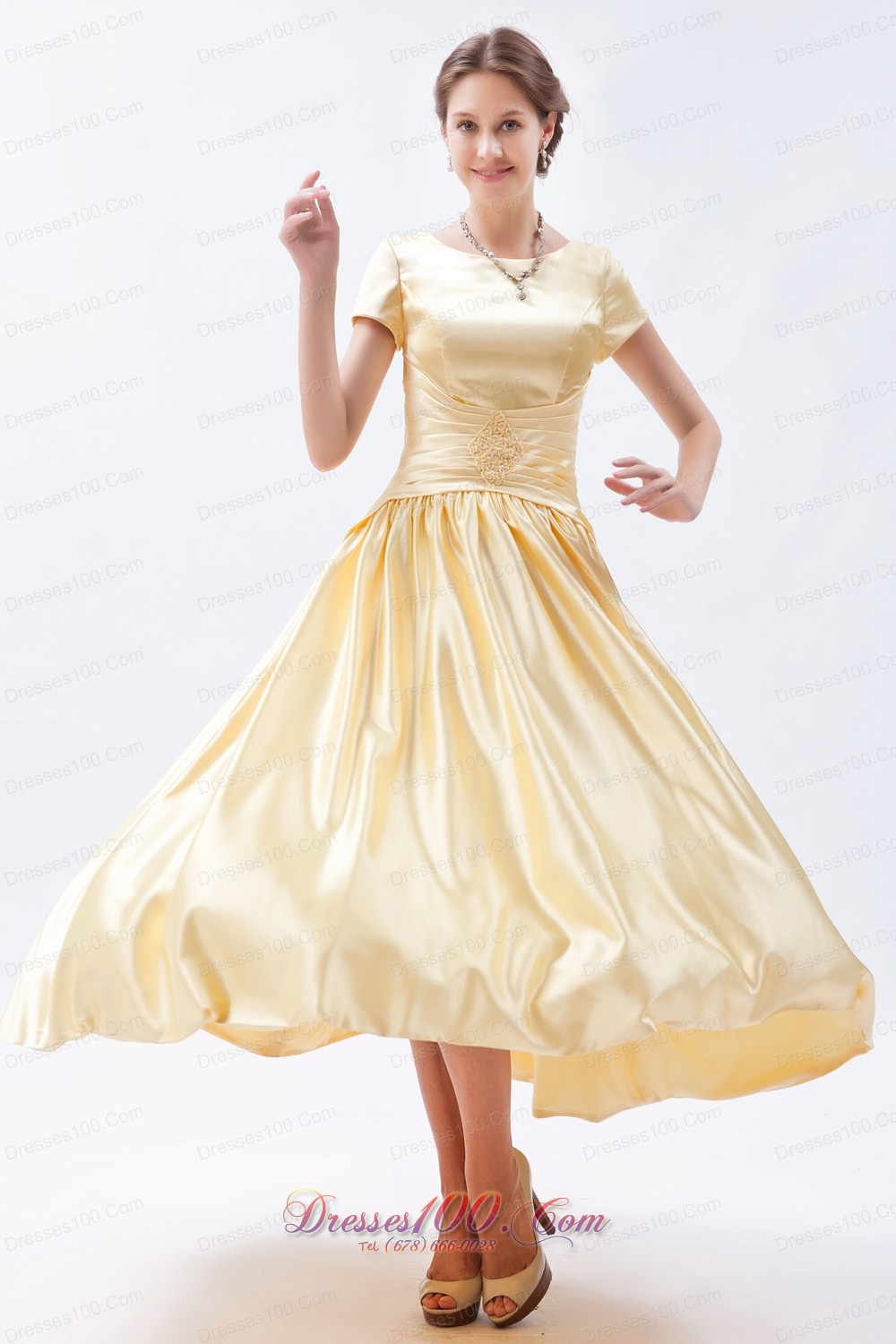 Champagne Column Scoop Beading Maid of Honor Dress