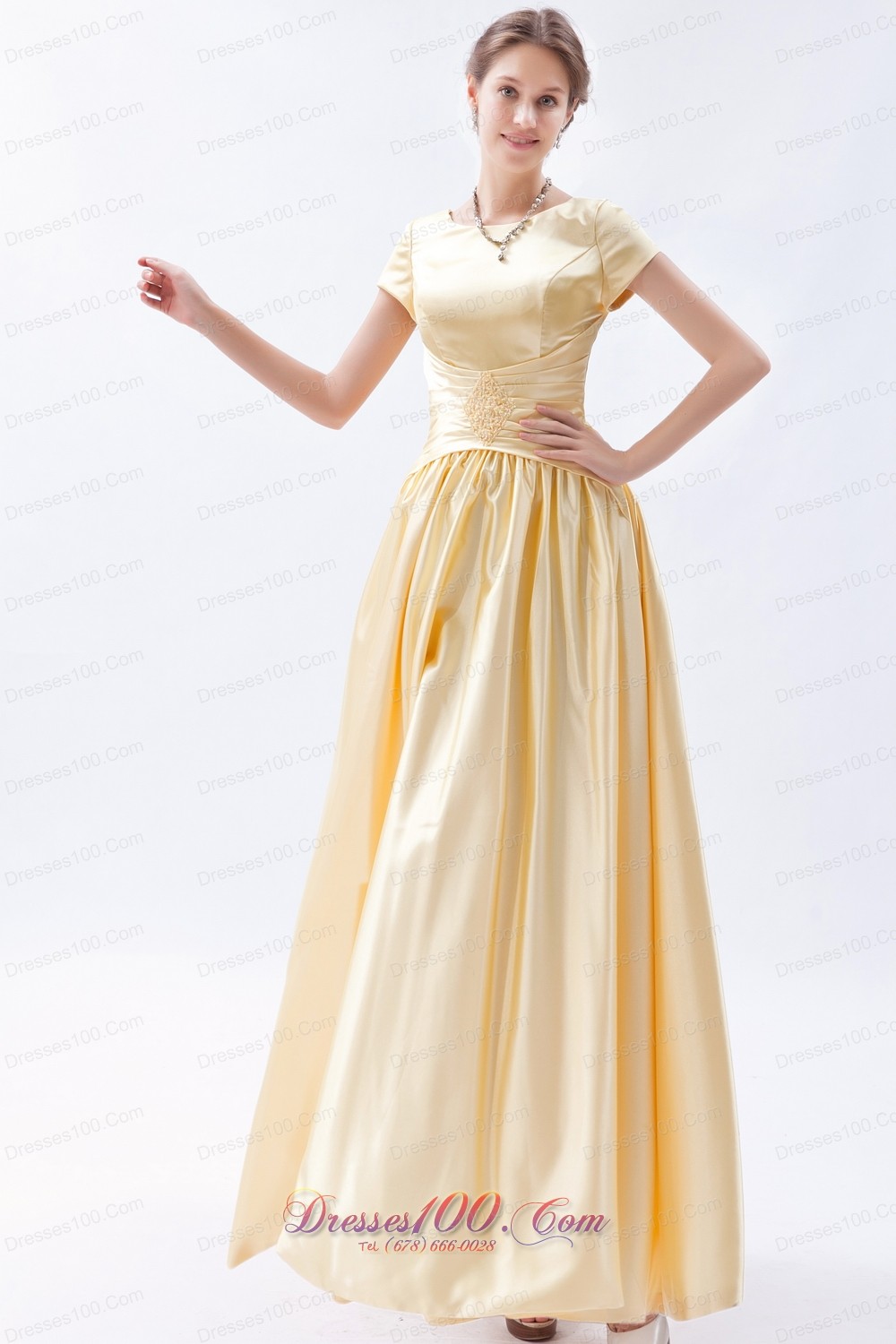 Champagne Column Scoop Beading Maid of Honor Dress