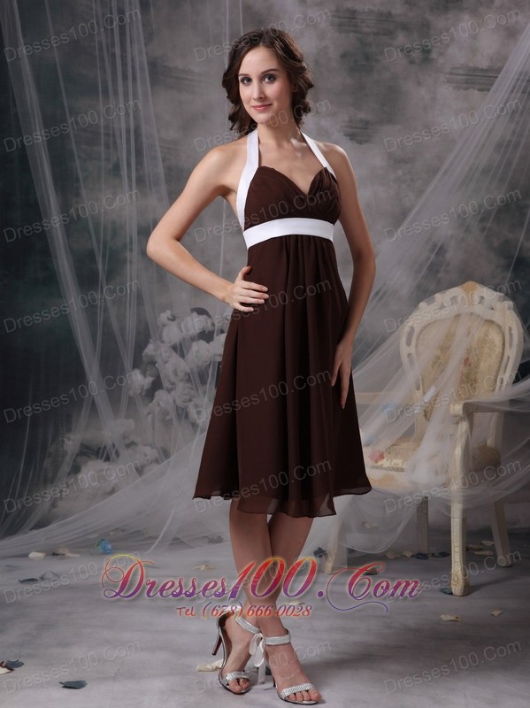 Halter Ruched Chiffon Brown Bridesmaid Wedding Dress
