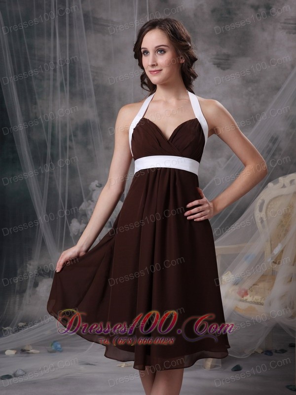 Halter Ruched Chiffon Brown Bridesmaid Wedding Dress