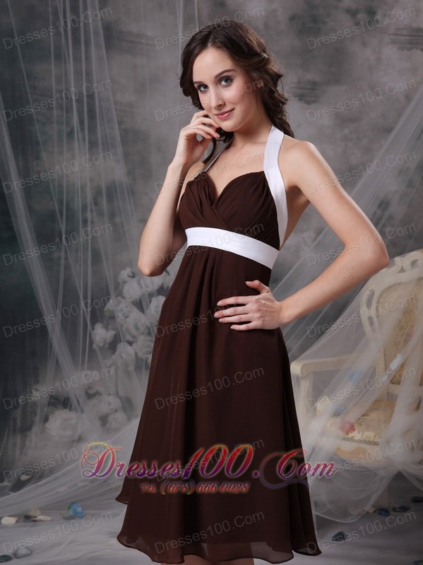 Halter Ruched Chiffon Brown Bridesmaid Wedding Dress