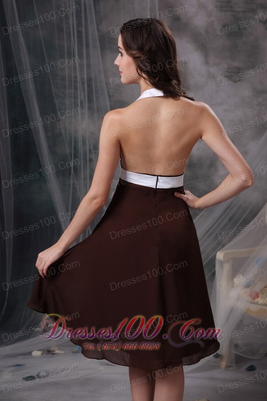 Halter Ruched Chiffon Brown Bridesmaid Wedding Dress