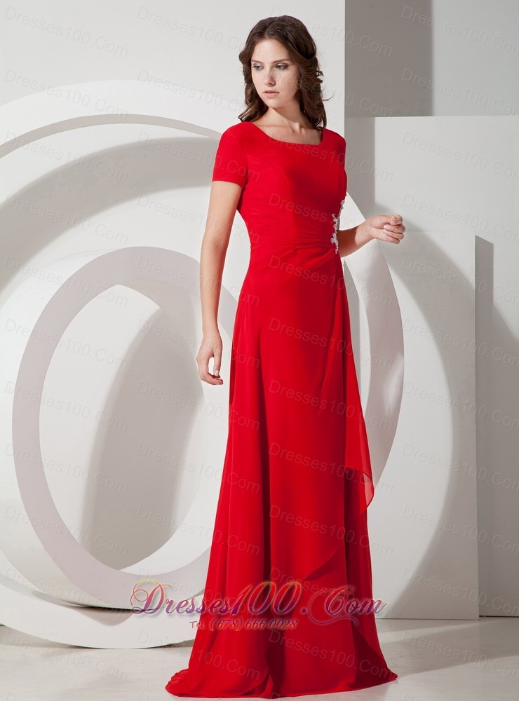 Square Short Sleeves Brush Red Prom Dress Chiffon