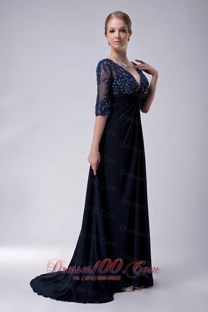 Half Sleeves Brush Navy V-neck Chiffon Mother Dress