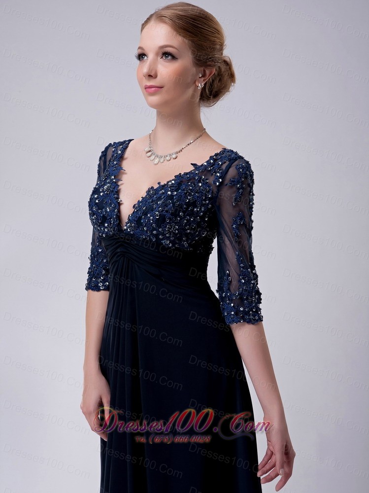 Half Sleeves Brush Navy V-neck Chiffon Mother Dress