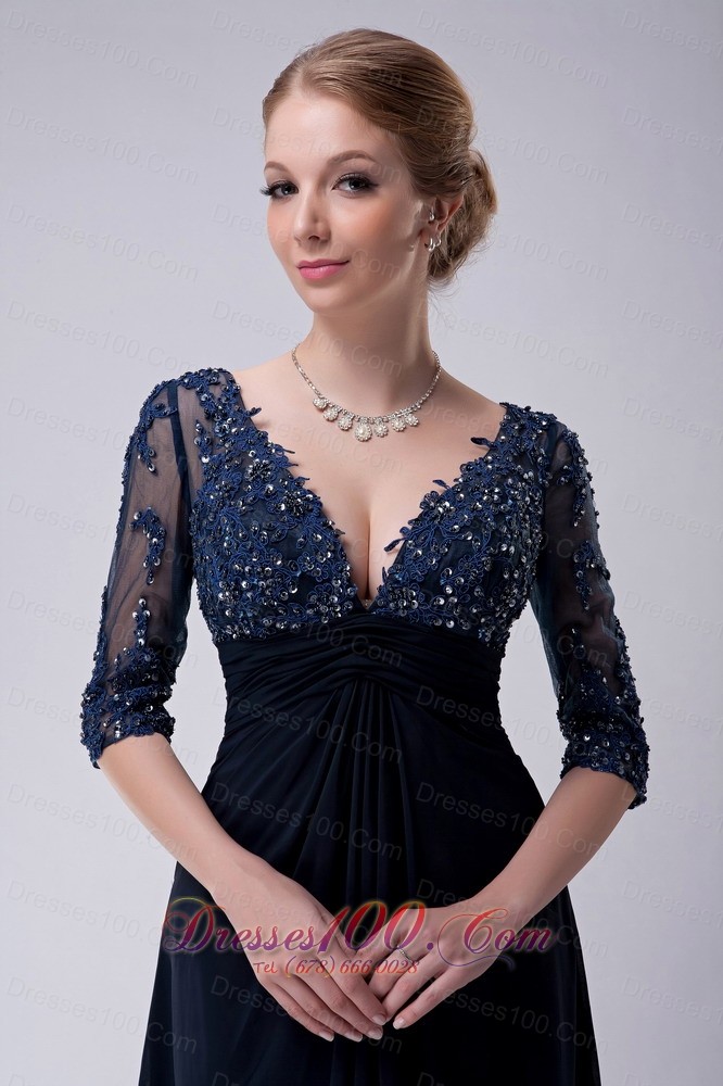 Half Sleeves Brush Navy V-neck Chiffon Mother Dress