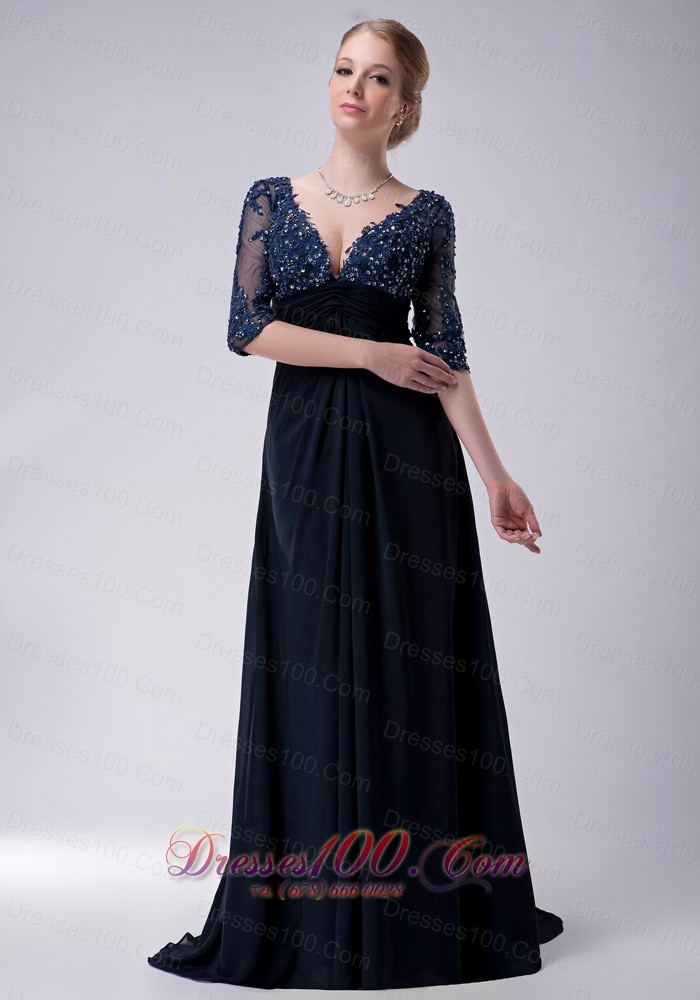 Half Sleeves Brush Navy V-neck Chiffon Mother Dress