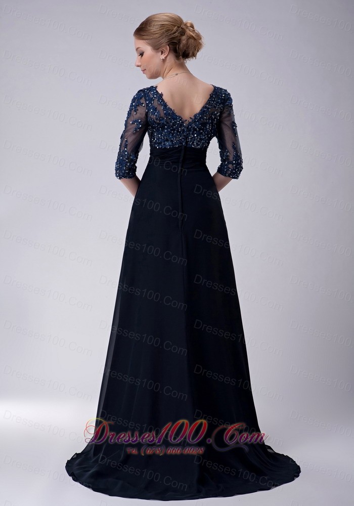 Half Sleeves Brush Navy V-neck Chiffon Mother Dress