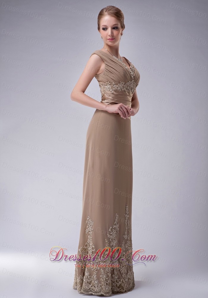 V-neck Champagne Chiffon Mother Dress with Appliques