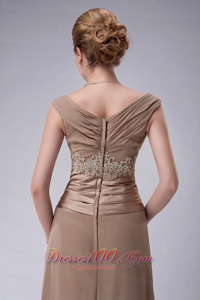 V-neck Champagne Chiffon Mother Dress with Appliques