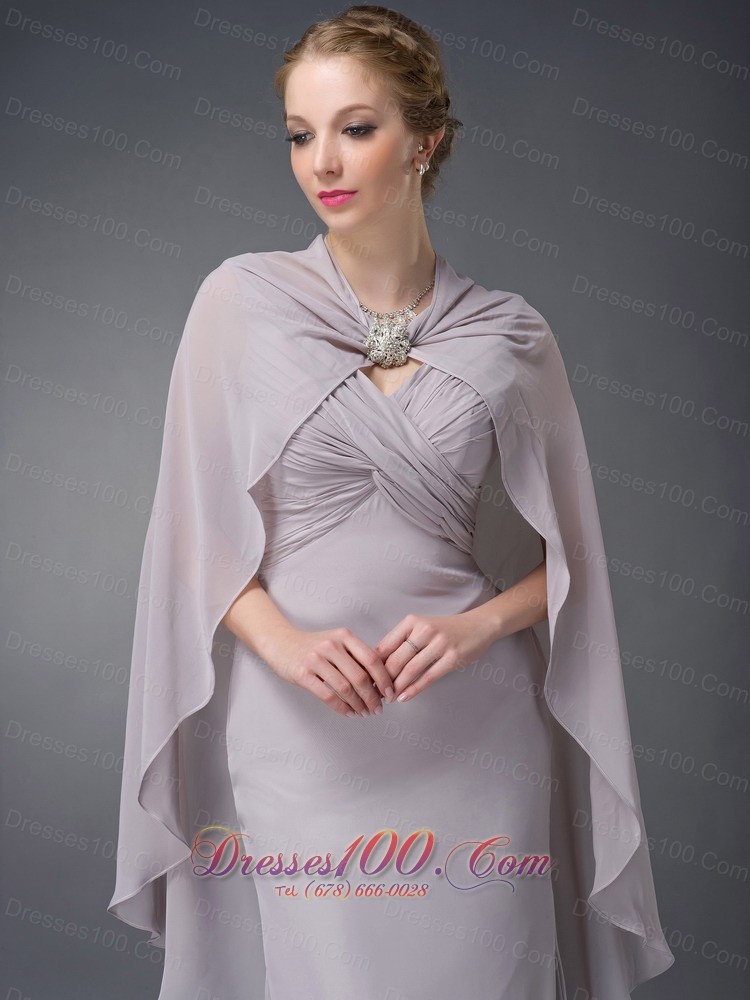 Grey V-neck Mother-in-law Dresses Chiffon Ruch