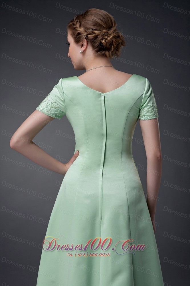 Apple Green A-line V-neck Motb Dress Chiffon Beading