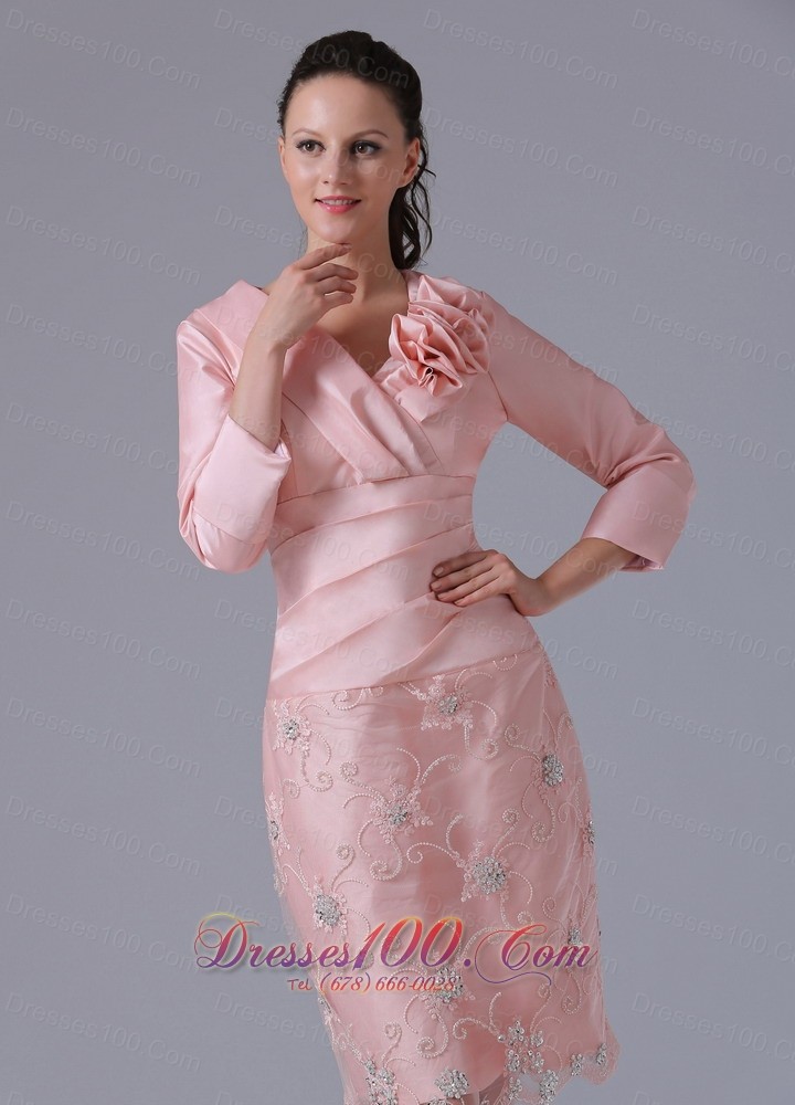 Baby Pink Long Sleeves Mom's Dress Knee-length
