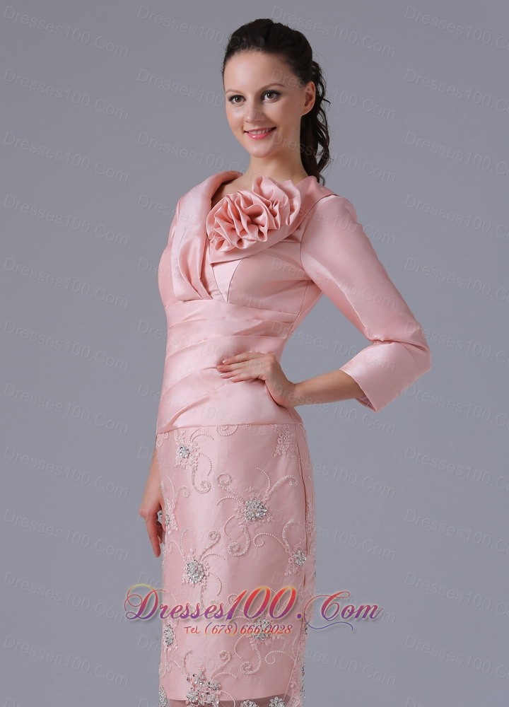 Baby Pink Long Sleeves Mom's Dress Knee-length