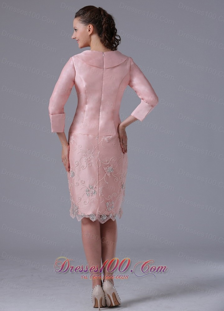 Baby Pink Long Sleeves Mom's Dress Knee-length