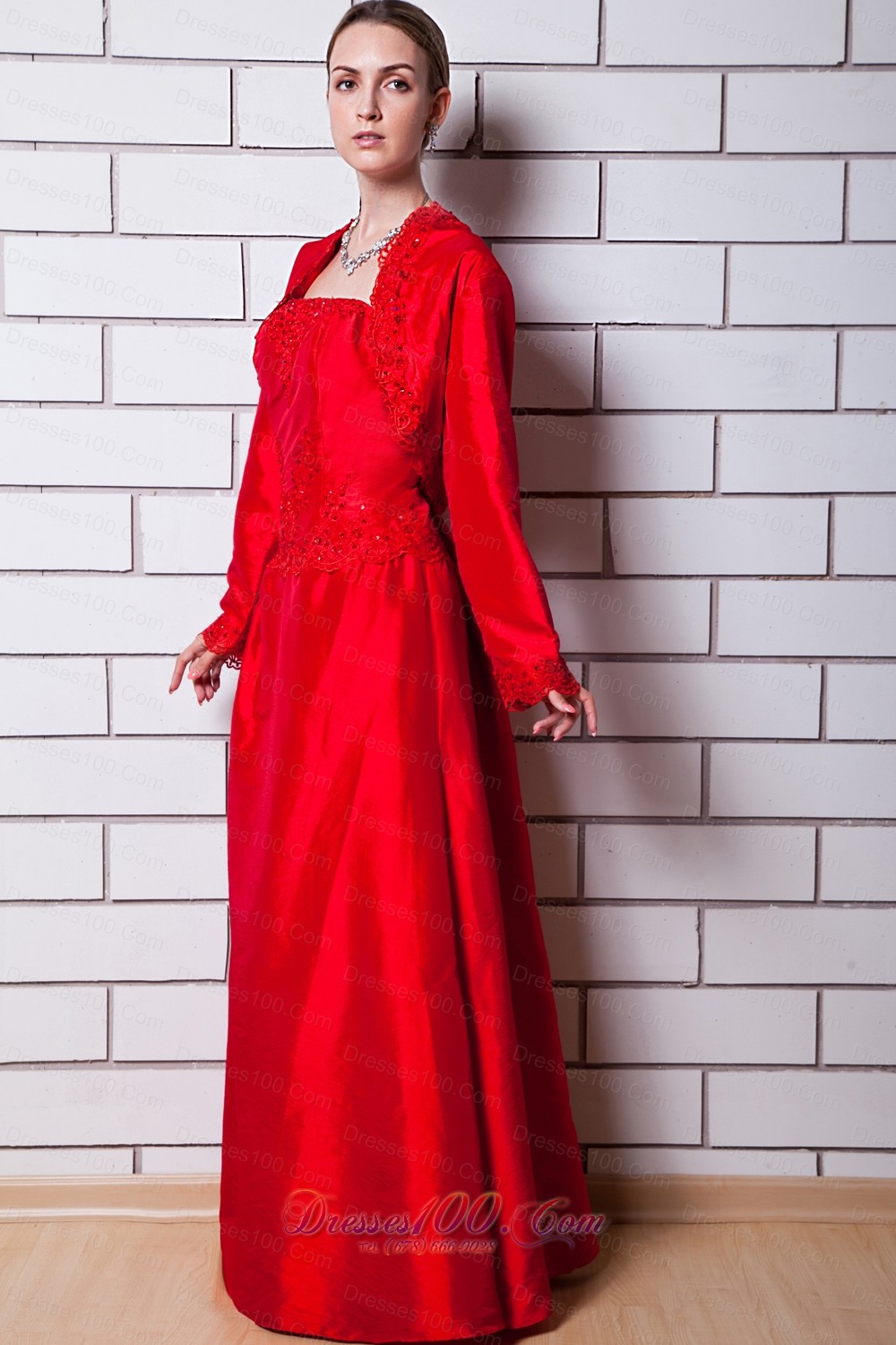 Red Column Strapless Taffeta Beading Mom's Dress