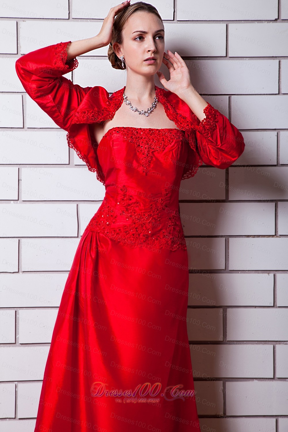 Red Column Strapless Taffeta Beading Mom's Dress