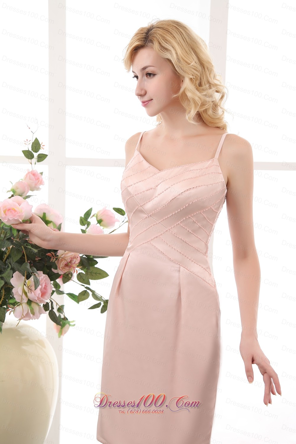 Light Pink Straps Prom Gown Mini-length Taffeta Beading