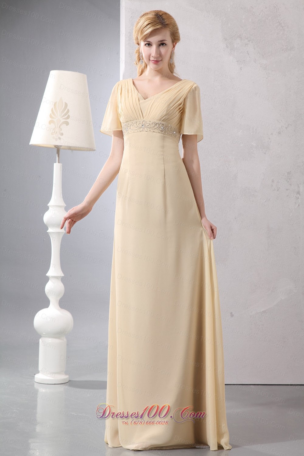 Light Yellow Empire Prom Dress V-neck Chiffon Beading