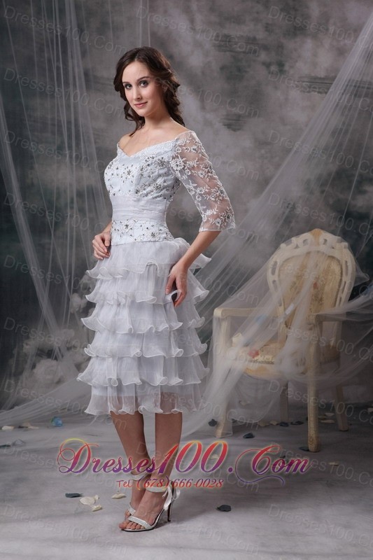 Lace Ruffles Off Shoulder 3/4 Sleeves Mother Of Bride Dress