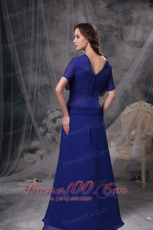 Blue Short Sleeves Square Beading Mother Dress