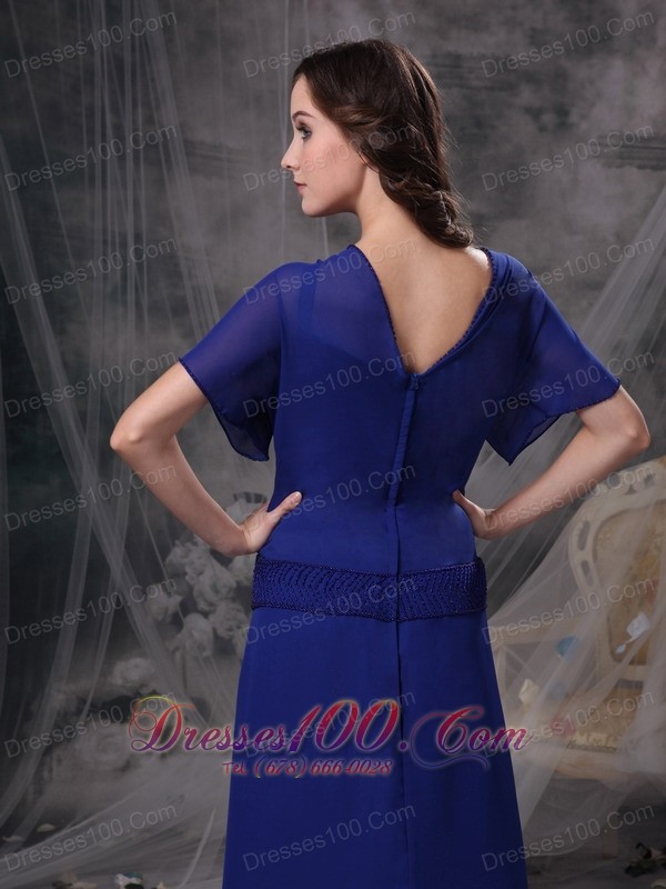 Blue Short Sleeves Square Beading Mother Dress