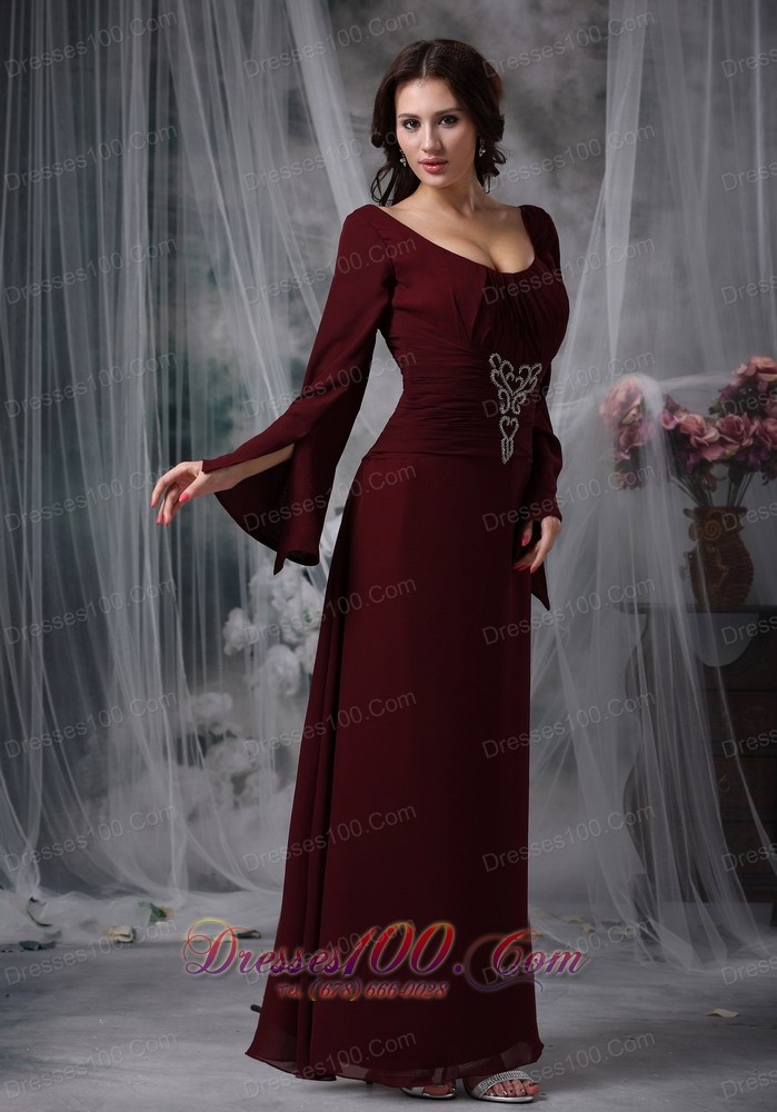 Burgundy Scoop Beading Mother Dress Long Sleeves