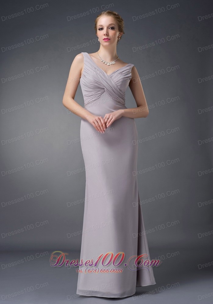Grey V-neck Ruch Chiffon Mother Of The Bride Dress