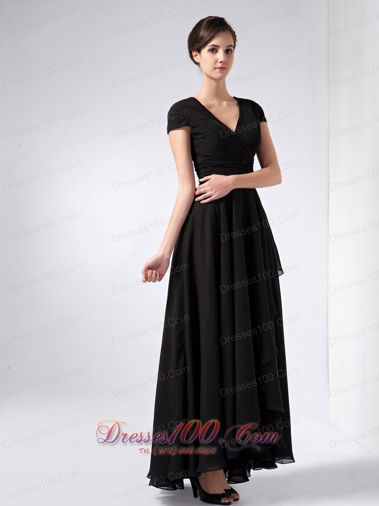 Black V-neck Sequins Mothers Dresses Ankle-length