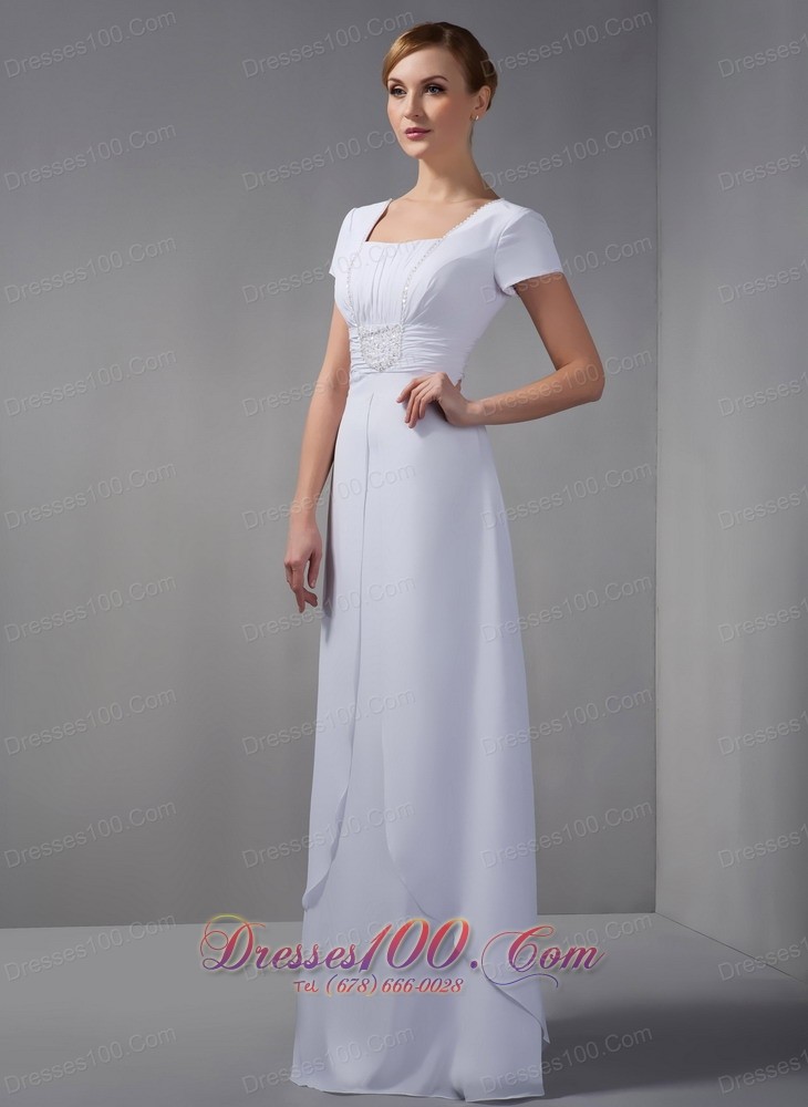 White Mothers Dresses Square Beading Chiffon