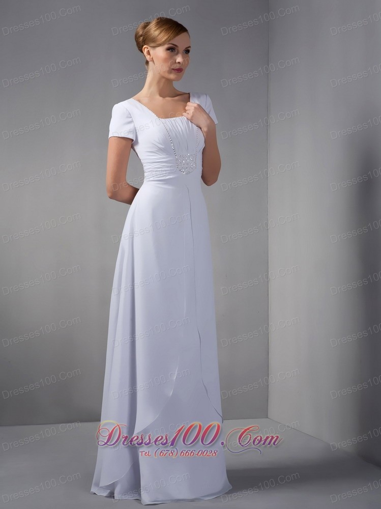 White Mothers Dresses Square Beading Chiffon