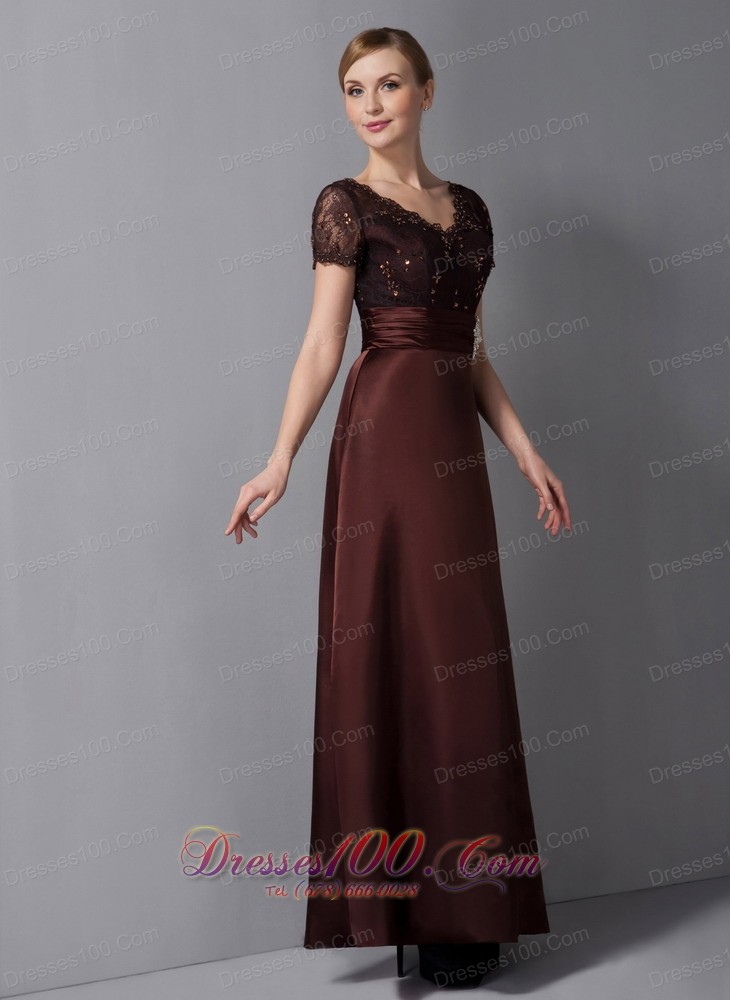 Brown Column Mothers Dresses V-neck Ankle-length Satin