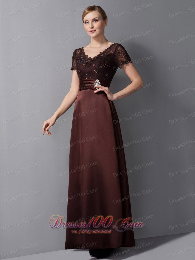 Brown Column Mothers Dresses V-neck Ankle-length Satin