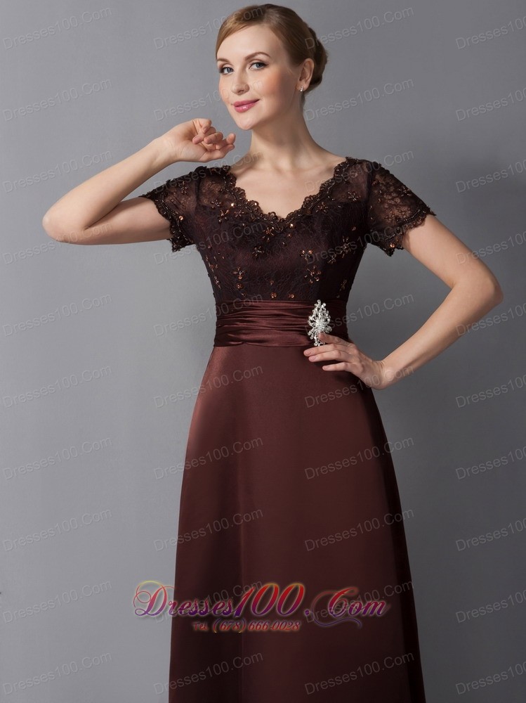 Brown Column Mothers Dresses V-neck Ankle-length Satin