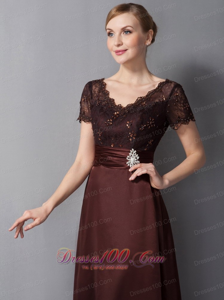 Brown Column Mothers Dresses V-neck Ankle-length Satin
