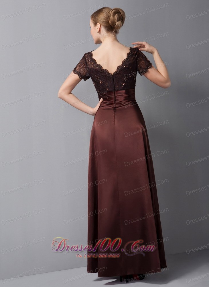 Brown Column Mothers Dresses V-neck Ankle-length Satin